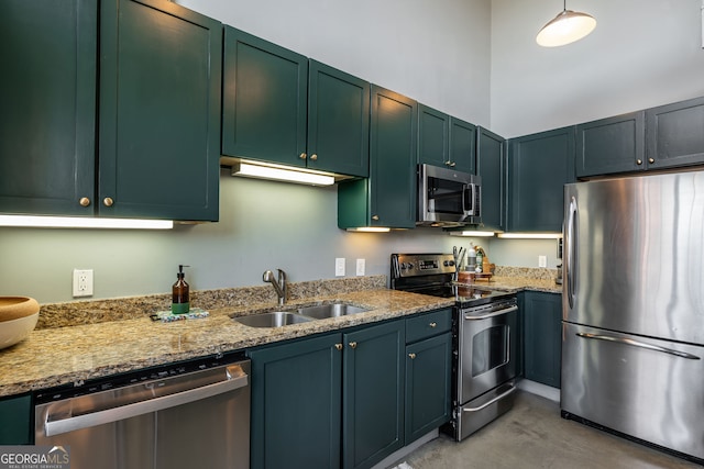 791 Wylie St SE Unit 912, Atlanta, GA 30316 - kitchen featuring light stone counters, a sink, finished concrete flooring, and appliances with stainless steel finishes