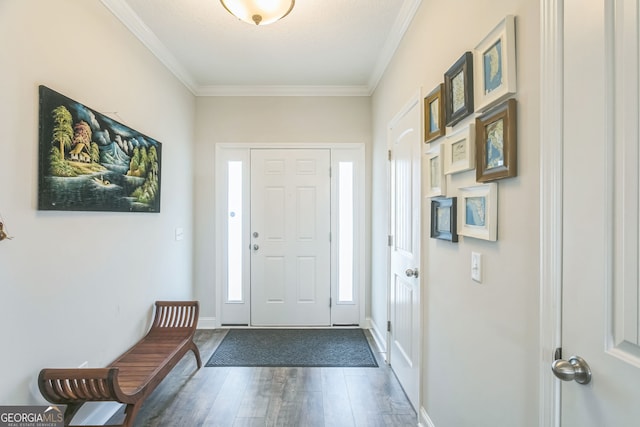 113 Hamlet Ct, Hinesville, GA 31313 - entryway featuring crown molding, baseboards, dark wood finished floors, and a healthy amount of sunlight