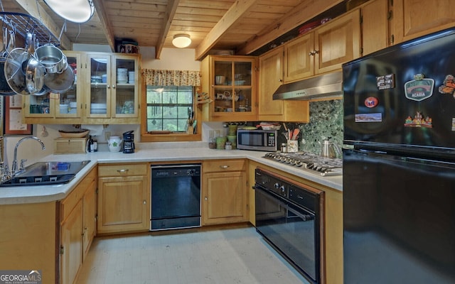 kitchen featuring a sink, wooden ceiling, light countertops, black appliances, and under cabinet range hood