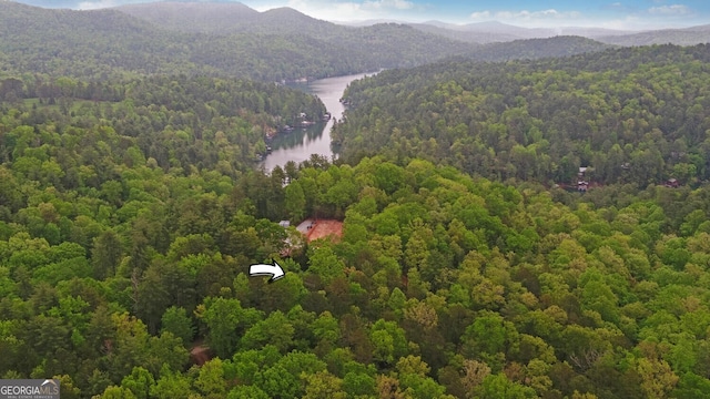 aerial view featuring a water and mountain view and a forest view
