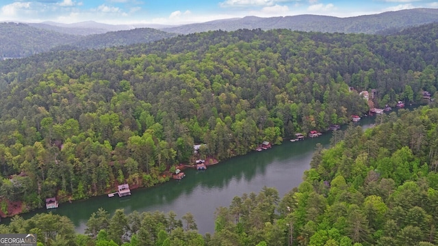 aerial view with a water and mountain view and a forest view