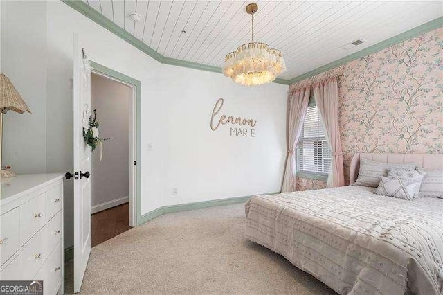 bedroom with crown molding, visible vents, wallpapered walls, light colored carpet, and a chandelier