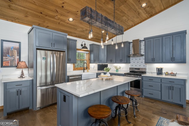 454 N Old Aska Rd, Blue Ridge, GA 30513 - kitchen with stainless steel appliances, wall chimney range hood, wooden ceiling, vaulted ceiling, and a sink