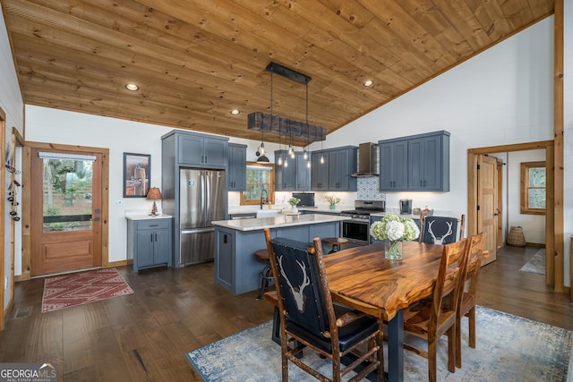 454 N Old Aska Rd, Blue Ridge, GA 30513 - dining area featuring wood ceiling, lofted ceiling, dark wood-style flooring, and recessed lighting