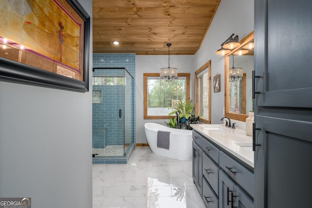 454 N Old Aska Rd, Blue Ridge, GA 30513 - bathroom with wooden ceiling, marble finish flooring, a stall shower, vanity, and a freestanding tub