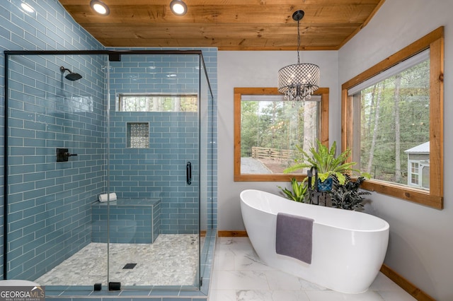 454 N Old Aska Rd, Blue Ridge, GA 30513 - bathroom featuring wood ceiling, healthy amount of natural light, baseboards, a freestanding bath, and recessed lighting