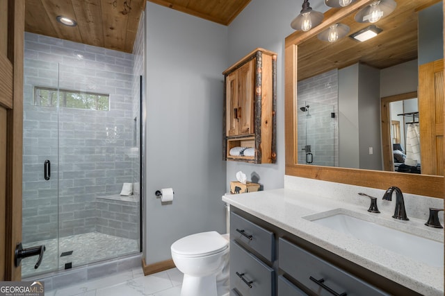 454 N Old Aska Rd, Blue Ridge, GA 30513 - bathroom featuring wood ceiling, a stall shower, toilet, vanity, and recessed lighting