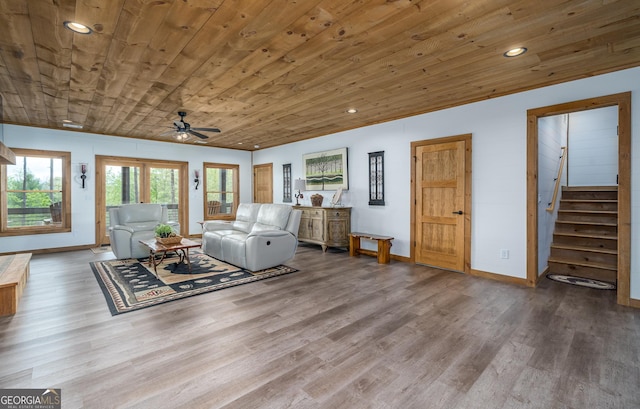 454 N Old Aska Rd, Blue Ridge, GA 30513 - living room with wood finished floors, a ceiling fan, stairs, recessed lighting, and baseboards