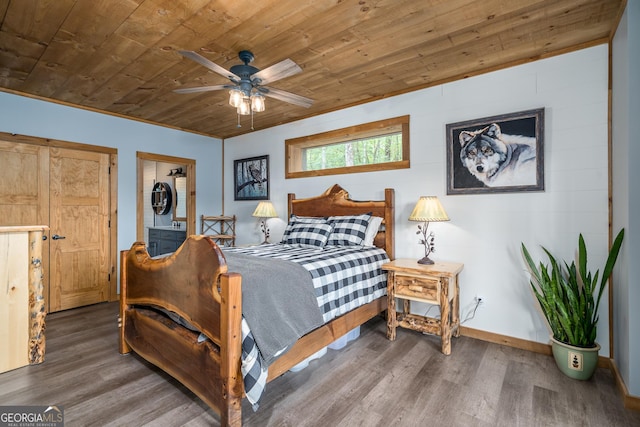 454 N Old Aska Rd, Blue Ridge, GA 30513 - bedroom featuring wooden ceiling, wood finished floors, baseboards, and ceiling fan