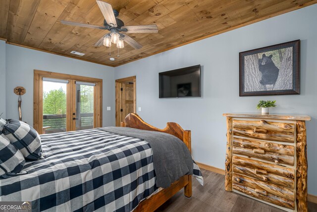 454 N Old Aska Rd, Blue Ridge, GA 30513 - bedroom featuring wooden ceiling, wood finished floors, access to exterior, ornamental molding, and baseboards