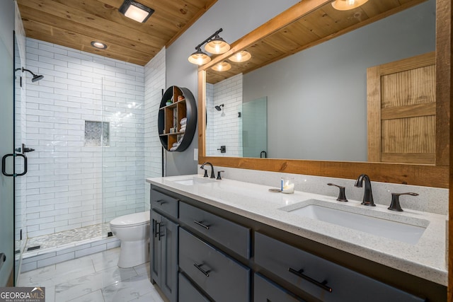454 N Old Aska Rd, Blue Ridge, GA 30513 - full bathroom with wooden ceiling, a stall shower, toilet, marble finish flooring, and double vanity