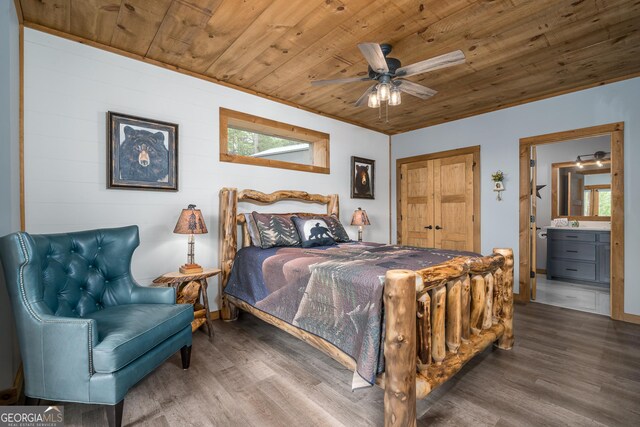 454 N Old Aska Rd, Blue Ridge, GA 30513 - bedroom featuring wood ceiling, wood finished floors, multiple windows, and ensuite bath