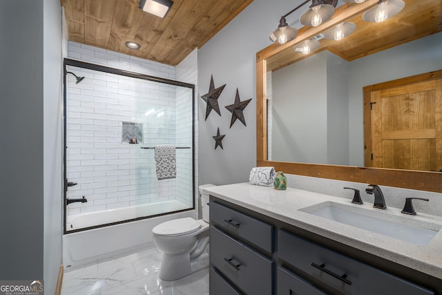 454 N Old Aska Rd, Blue Ridge, GA 30513 - bathroom featuring wooden ceiling, vanity, marble finish floors, bath / shower combo with glass door, and toilet