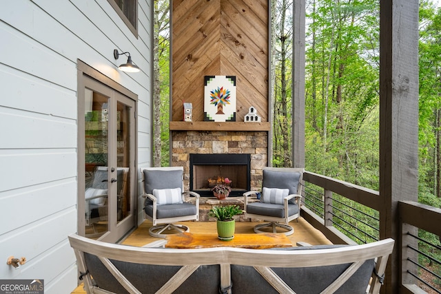 454 N Old Aska Rd, Blue Ridge, GA 30513 - view of patio / terrace featuring an outdoor stone fireplace and french doors