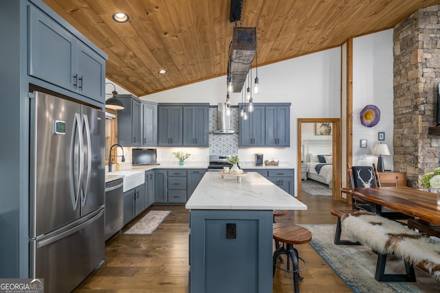 454 N Old Aska Rd, Blue Ridge, GA 30513 - kitchen with appliances with stainless steel finishes, wall chimney range hood, wooden ceiling, a sink, and lofted ceiling