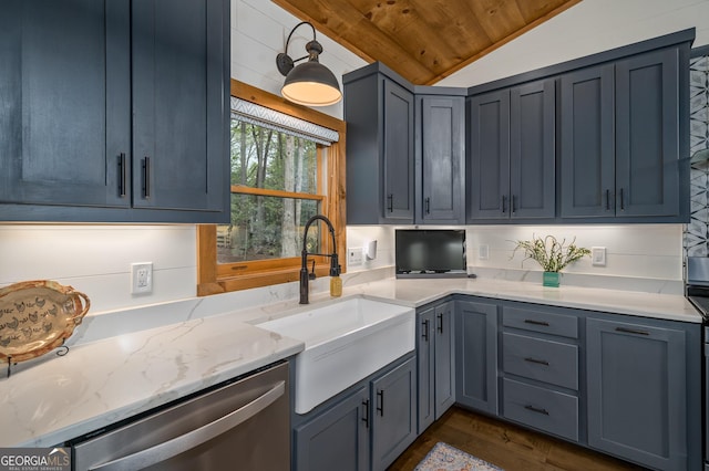 454 N Old Aska Rd, Blue Ridge, GA 30513 - kitchen featuring dishwasher, wooden ceiling, vaulted ceiling, a sink, and dark wood-style flooring