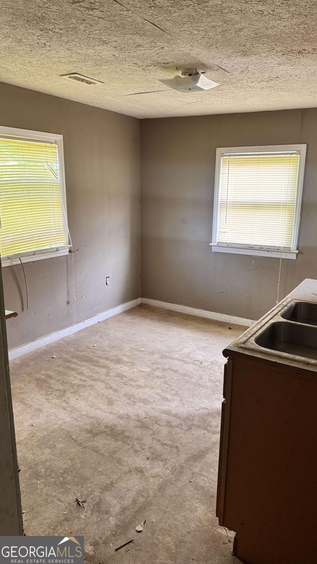 700 W College St, Bowdon, GA 30108 - empty room featuring a sink, baseboards, a textured ceiling, and visible vents