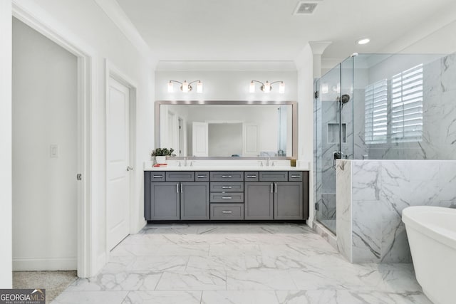 2201 Old Dallas Rd SW, Marietta, GA 30064 - bathroom featuring a sink, marble finish floor, a marble finish shower, and visible vents