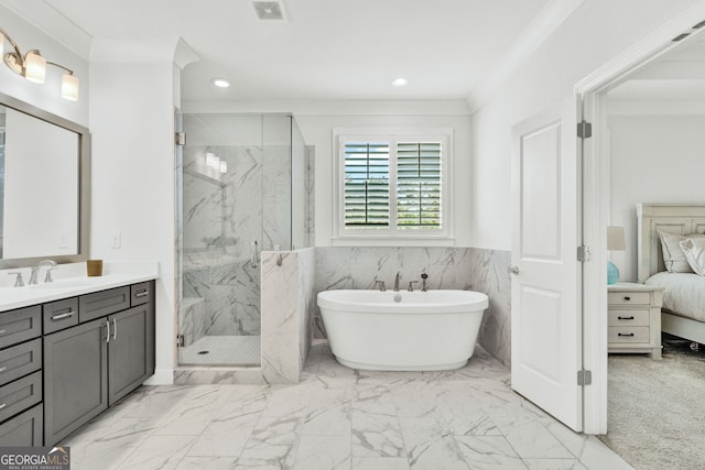 2201 Old Dallas Rd SW, Marietta, GA 30064 - bathroom with recessed lighting, marble finish floor, ensuite bathroom, visible vents, and a marble finish shower