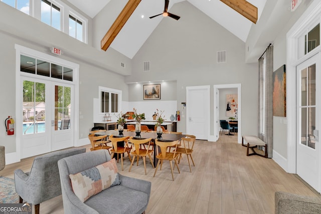 2201 Old Dallas Rd SW, Marietta, GA 30064 - dining area featuring light wood finished floors, beam ceiling, visible vents, and high vaulted ceiling
