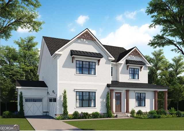 2201 Old Dallas Rd SW, Marietta, GA 30064 - modern farmhouse with metal roof, a garage, a front lawn, and a standing seam roof