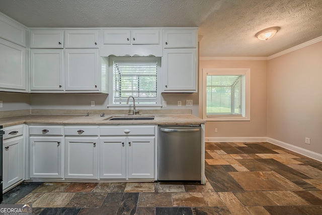 228 Amour Way SW, Lilburn, GA 30047 - kitchen featuring dishwasher, ornamental molding, light countertops, stone tile floors, and healthy amount of natural light