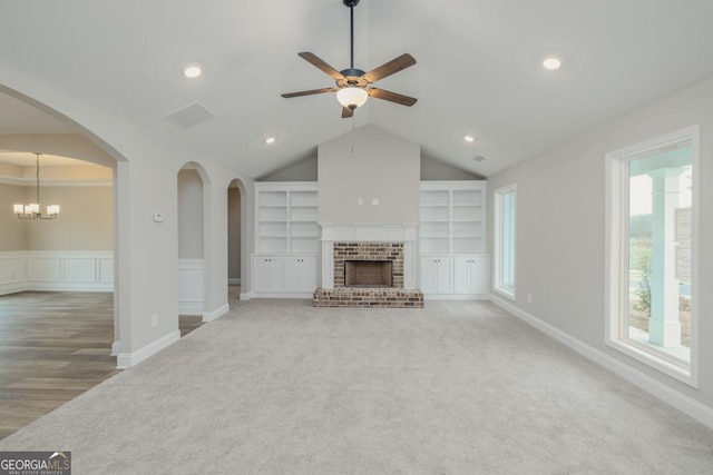 280 Grady Brock Rd Lot 21, Martin, GA 30557 - unfurnished living room featuring carpet, built in features, a ceiling fan, a fireplace, and lofted ceiling