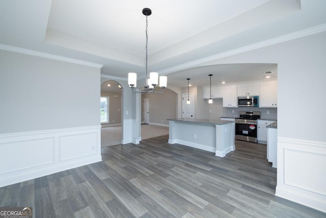280 Grady Brock Rd Lot 21, Martin, GA 30557 - kitchen featuring stainless steel appliances, open floor plan, a raised ceiling, arched walkways, and wood finished floors