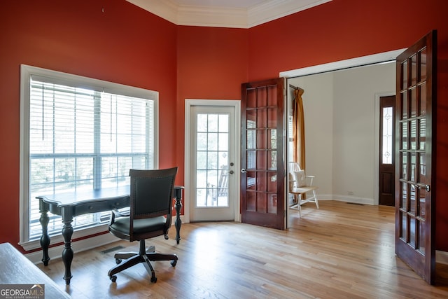 229 Deer Haven Run, Carlton, GA 30627 - office area featuring visible vents, ornamental molding, wood finished floors, baseboards, and french doors