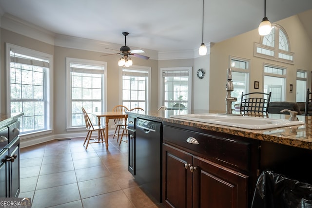 229 Deer Haven Run, Carlton, GA 30627 - kitchen featuring light tile patterned floors, ceiling fan, a wealth of natural light, and dishwasher