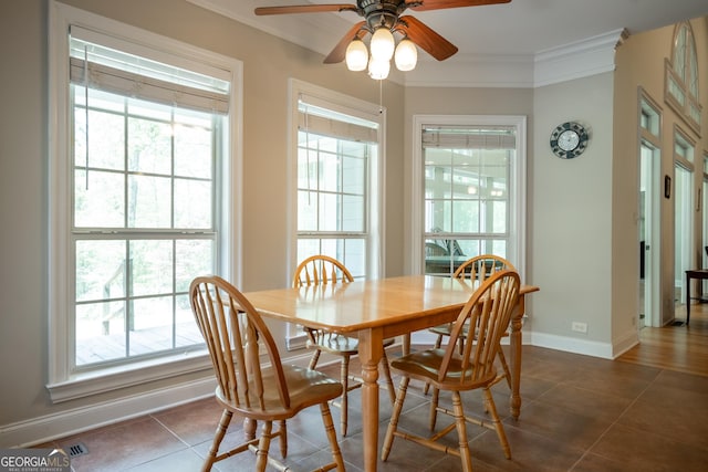 229 Deer Haven Run, Carlton, GA 30627 - dining area featuring baseboards, ornamental molding, dark tile patterned floors, and a healthy amount of sunlight
