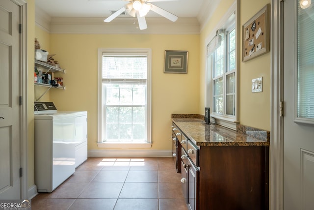 229 Deer Haven Run, Carlton, GA 30627 - washroom featuring independent washer and dryer, crown molding, ceiling fan, tile patterned floors, and baseboards