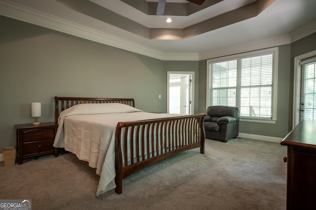 229 Deer Haven Run, Carlton, GA 30627 - bedroom featuring ornamental molding, baseboards, ceiling fan, a raised ceiling, and carpet flooring