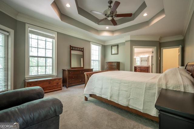 229 Deer Haven Run, Carlton, GA 30627 - bedroom featuring carpet floors, ornamental molding, ensuite bathroom, a tray ceiling, and recessed lighting