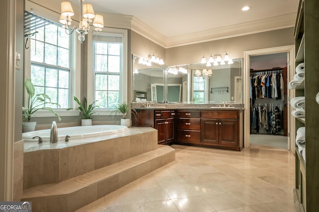 229 Deer Haven Run, Carlton, GA 30627 - full bathroom featuring an inviting chandelier, vanity, crown molding, and a garden tub