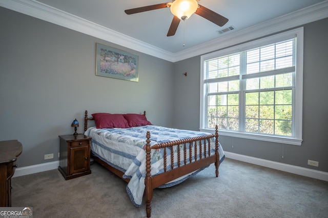 229 Deer Haven Run, Carlton, GA 30627 - carpeted bedroom with baseboards, ornamental molding, ceiling fan, and visible vents