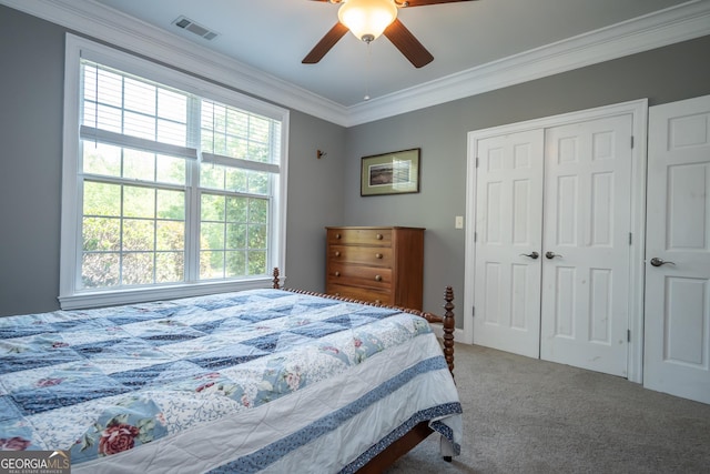 229 Deer Haven Run, Carlton, GA 30627 - carpeted bedroom with crown molding, visible vents, multiple windows, and a closet
