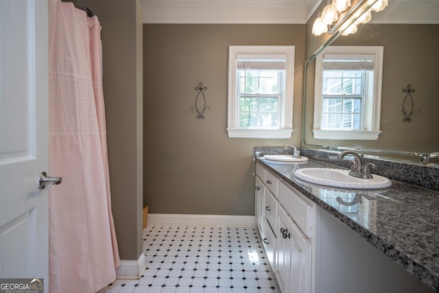 229 Deer Haven Run, Carlton, GA 30627 - full bathroom with baseboards, a sink, crown molding, and double vanity