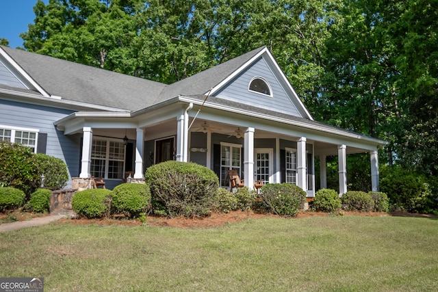 229 Deer Haven Run, Carlton, GA 30627 - view of front of house with a shingled roof, a front lawn, ceiling fan, and covered porch