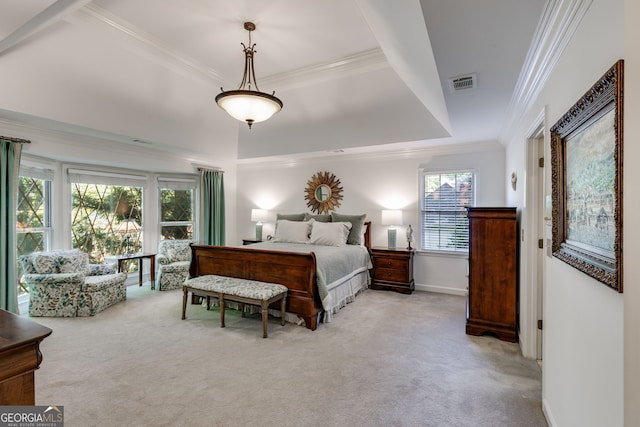 375 Spindle Ct, Sandy Springs, GA 30350 - bedroom with light colored carpet, baseboards, a tray ceiling, visible vents, and ornamental molding