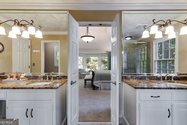 375 Spindle Ct, Sandy Springs, GA 30350 - ensuite bathroom with a shower stall, a chandelier, ornamental molding, and a sink
