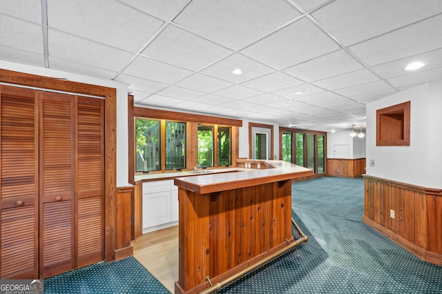 kitchen featuring wainscoting, white cabinetry, wooden walls, light carpet, and light countertops