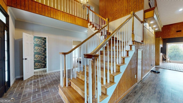 1717 Grady Saunders Rd, Portal, GA 30450 - stairway featuring baseboards, ornamental molding, brick floor, and recessed lighting