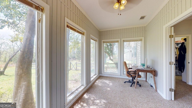 1717 Grady Saunders Rd, Portal, GA 30450 - interior space with ceiling fan, visible vents, crown molding, carpet flooring, and a wealth of natural light