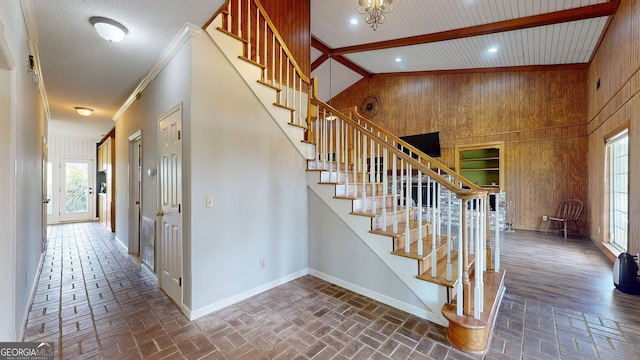 1717 Grady Saunders Rd, Portal, GA 30450 - stairway featuring wooden walls, baseboards, brick floor, and a wealth of natural light