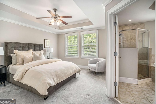 75 High Top Ln, Sandy Springs, GA 30328 - bedroom featuring crown molding, light carpet, a tray ceiling, and ceiling fan