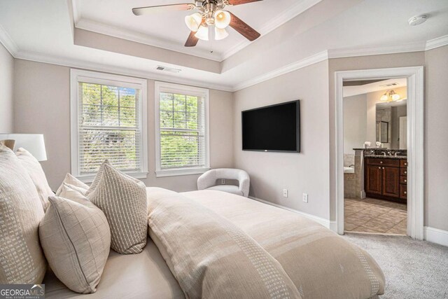 75 High Top Ln, Sandy Springs, GA 30328 - bedroom featuring a raised ceiling, light colored carpet, ensuite bathroom, crown molding, and ceiling fan