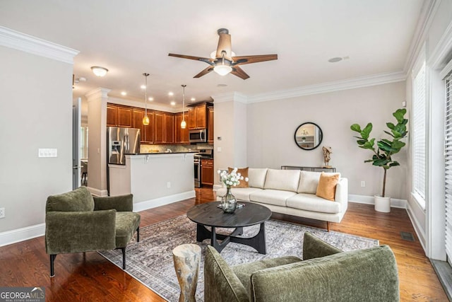 75 High Top Ln, Sandy Springs, GA 30328 - living room with ceiling fan, crown molding, dark wood finished floors, and recessed lighting