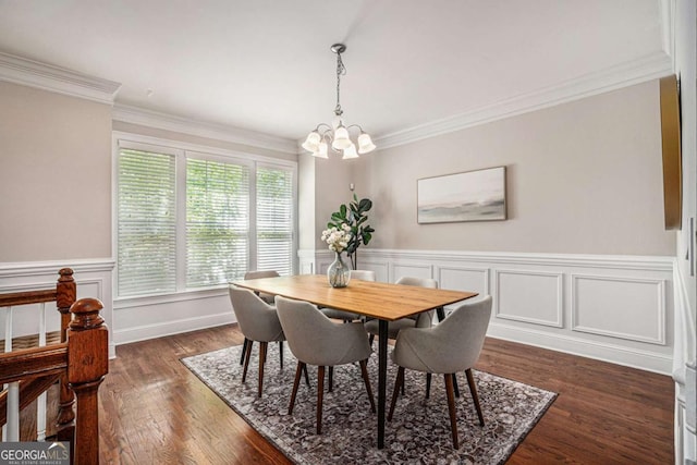 75 High Top Ln, Sandy Springs, GA 30328 - dining space with a chandelier, ornamental molding, dark wood-style flooring, and a wainscoted wall