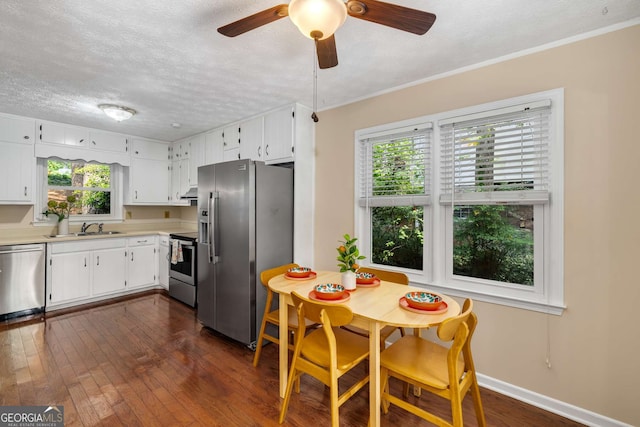 kitchen featuring a ceiling fan, a textured ceiling, appliances with stainless steel finishes, a sink, and light countertops